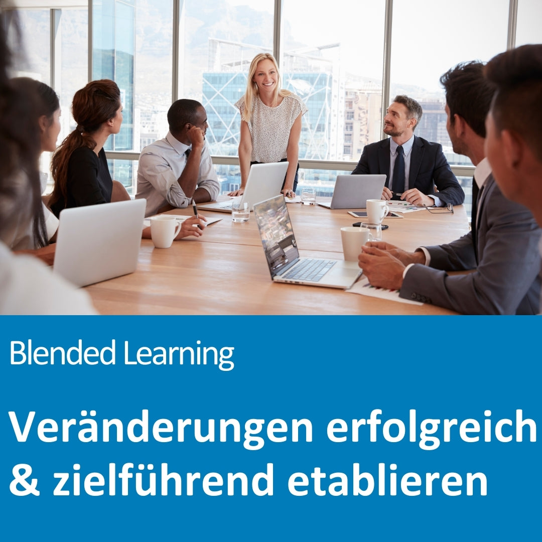 In einem modernen Konferenzraum steht eine blonde Frau lächelnd am Kopfende eines großen Holztisches, umgeben von acht Kolleginnen und Kollegen unterschiedlicher Herkunft. Alle sind in ein Gespräch vertieft, vor ihnen liegen Laptops, Tassen und Notizblöcke. Große Fenster im Hintergrund geben den Blick auf eine urbane Skyline frei. Der Text auf dem Bild lautet: „Blended Learning – Veränderungen erfolgreich & zielführend etablieren“.