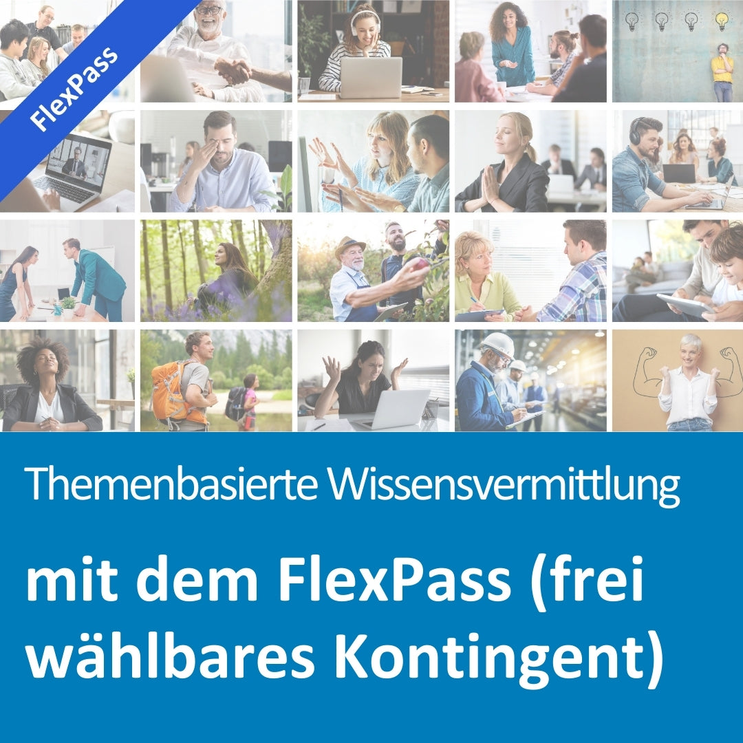 Eine Collage aus 20 Bildern zeigt vielfältige Szenen aus Beruf, Bildung, Alltag, Gesundheit und Natur – darunter Videokonferenzen, Beratungsgespräche, Outdoor-Aktivitäten, Familienmomente und Arbeitsschutz. Links oben liegt ein blauer Banner mit dem Wort „FlexPass“. Im unteren Bereich steht der Text: „Themenbasierte Wissensvermittlung mit dem FlexPass (frei wählbares Kontingent)“.