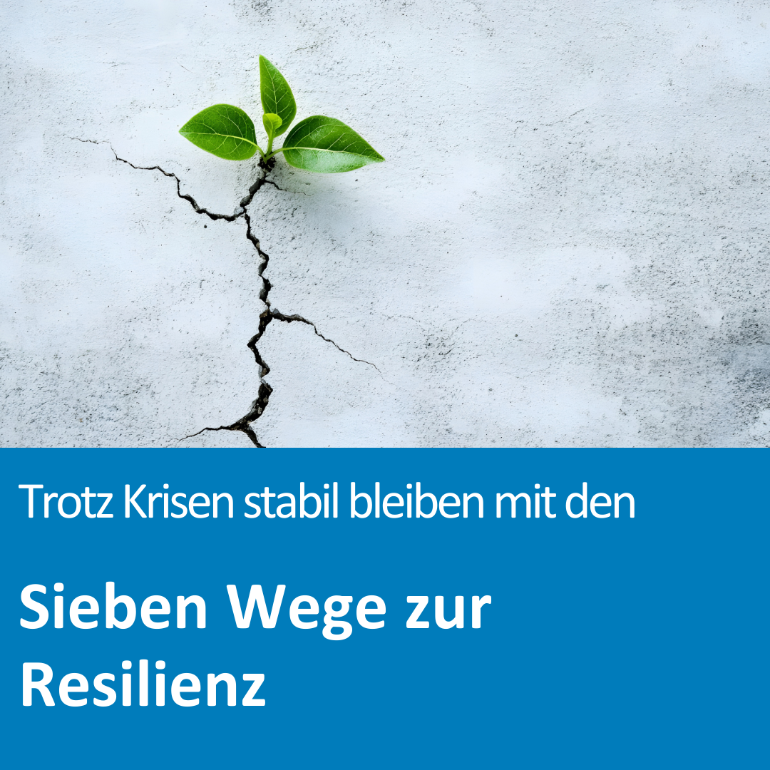 Pflanze wächst aus einem Riss im Boden; Text auf dem Bild: „Trotz Krisen stabil bleiben mit den Sieben Wegen zur Resilienz“.