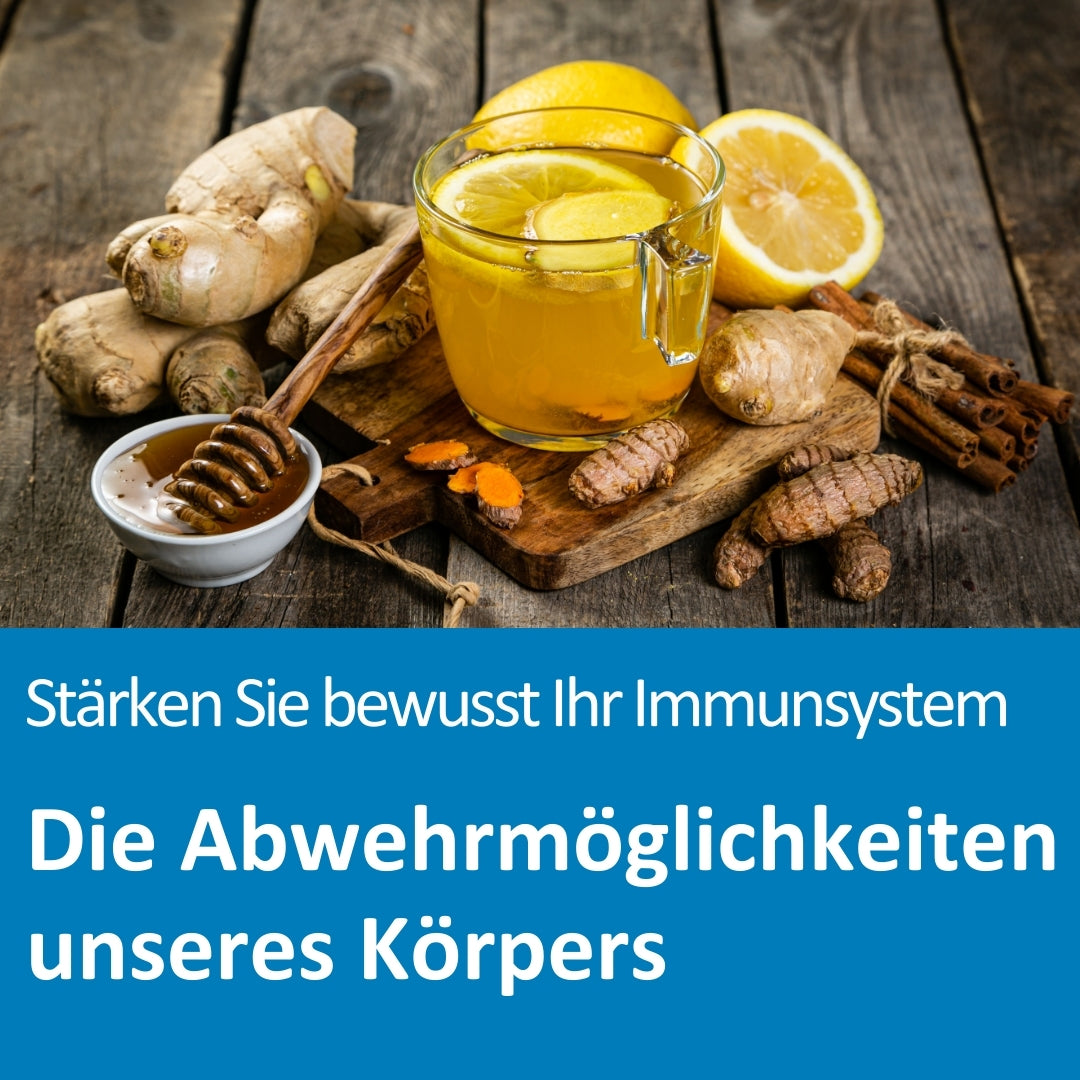 Auf einem rustikalen Holztisch stehen frische Zutaten zur Stärkung des Immunsystems: ein Glas mit Ingwer-Zitronen-Tee, umgeben von frischem Ingwer, Kurkuma, Zimtstangen, Zitronen und einer Schale Honig mit einem Holzlöffel. Das Arrangement vermittelt eine natürliche und gesunde Atmosphäre. Der Text auf dem Bild lautet: „Stärken Sie bewusst Ihr Immunsystem – Die Abwehrmöglichkeiten unseres Körpers“.