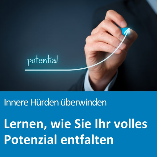 Eine Hand in einem dunklen Anzug zeichnet mit einem leuchtenden Stift eine aufsteigende Kurve auf einen virtuellen Bildschirm. Entlang der Kurve steht das Wort „potential“. Die Szene symbolisiert persönliche Entwicklung und Wachstum. Im unteren Bildbereich steht der Text: „Innere Hürden überwinden – Lernen, wie Sie Ihr volles Potenzial entfalten“.