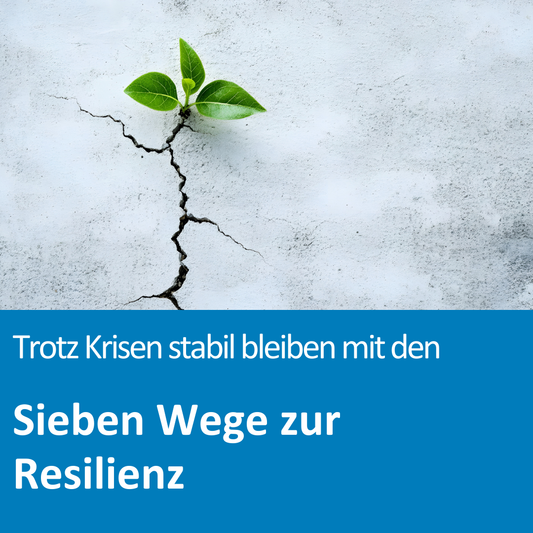 Pflanze wächst aus einem Riss im Boden; Text auf dem Bild: „Trotz Krisen stabil bleiben mit den Sieben Wegen zur Resilienz“.